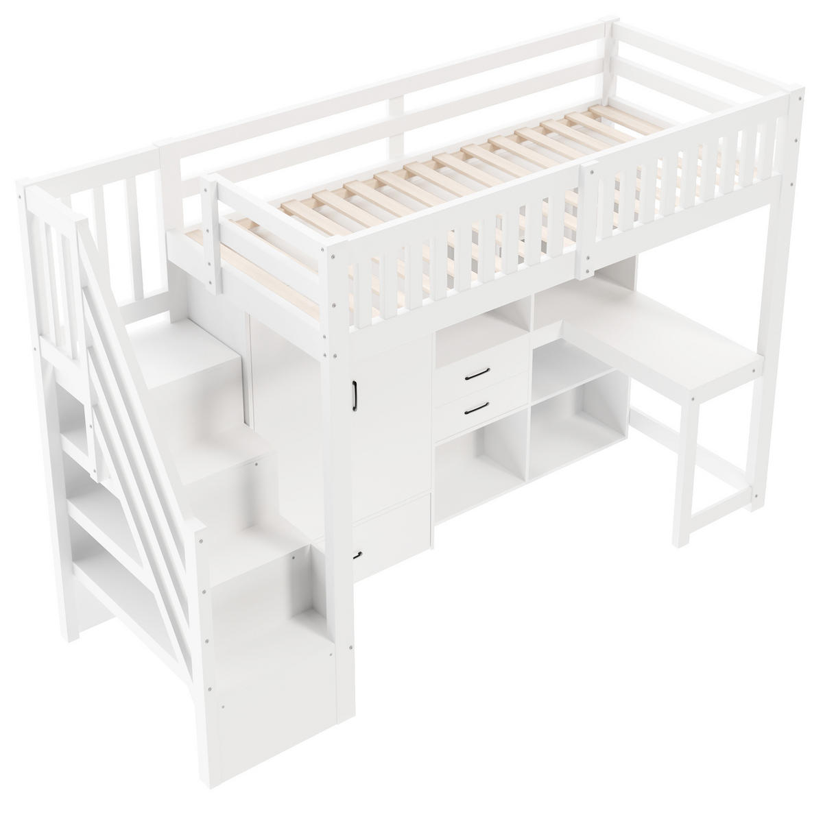 HOCHBETT 90/200 cm mit Schreibtisch, Ablageleiter, Kleiderschrank und Schubladen aus Kiefernholz, Weiß - Weiß, Holz (90/200cm) - Redom