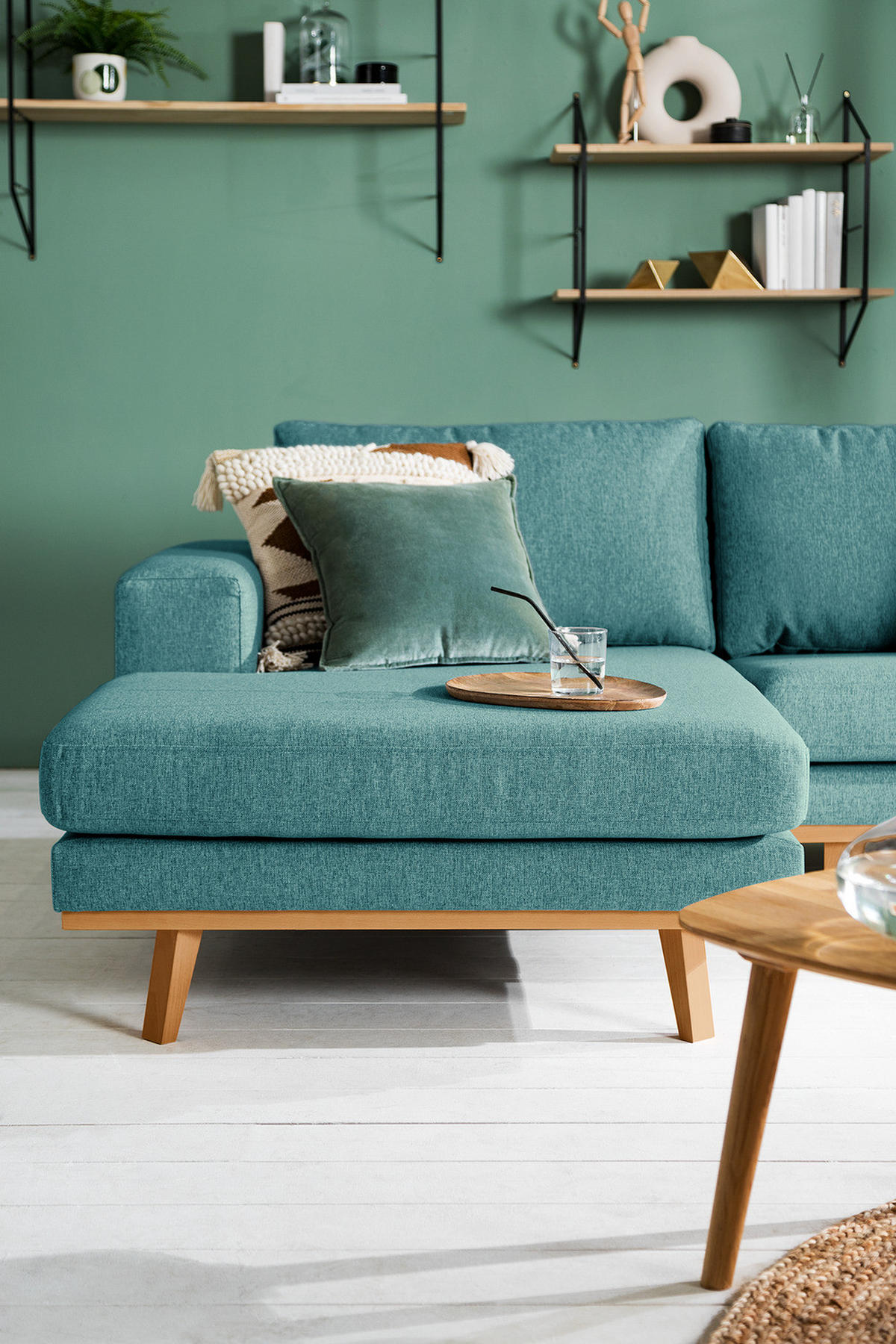 WOHNLANDSCHAFT mit Longchair - Buchefarben/Petrol, Buchenholz/Textil (371/81/219cm) - home24