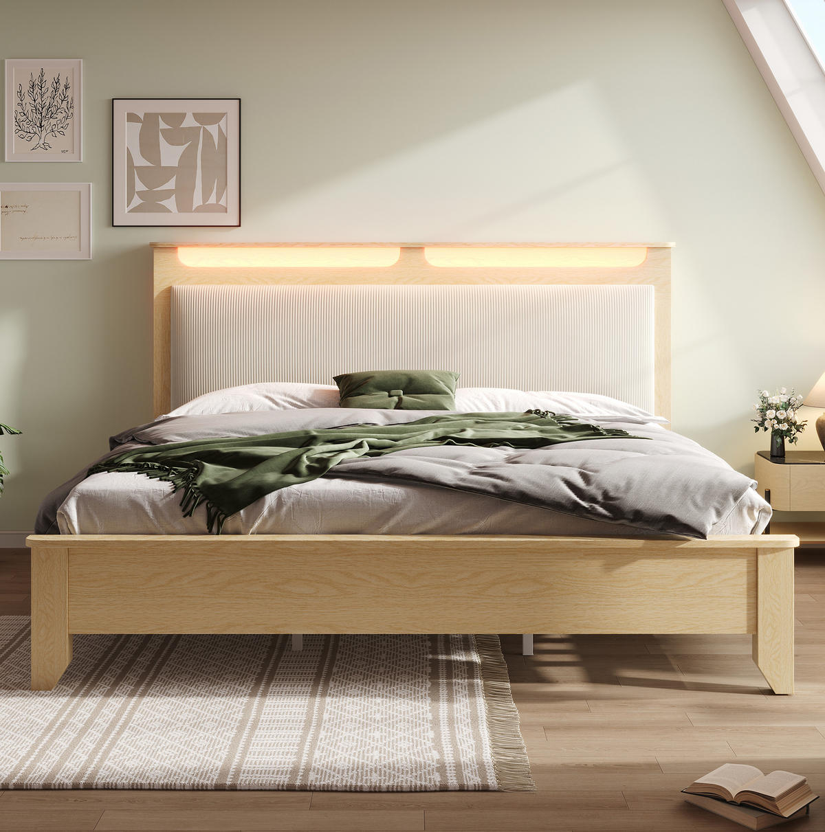 POLSTERBETT mit LED-Beleuchtung 160/200 cm in Eichefarben/Beige, inkl. Lattenrost - Beige, Textil (160/200cm) - BEAOK