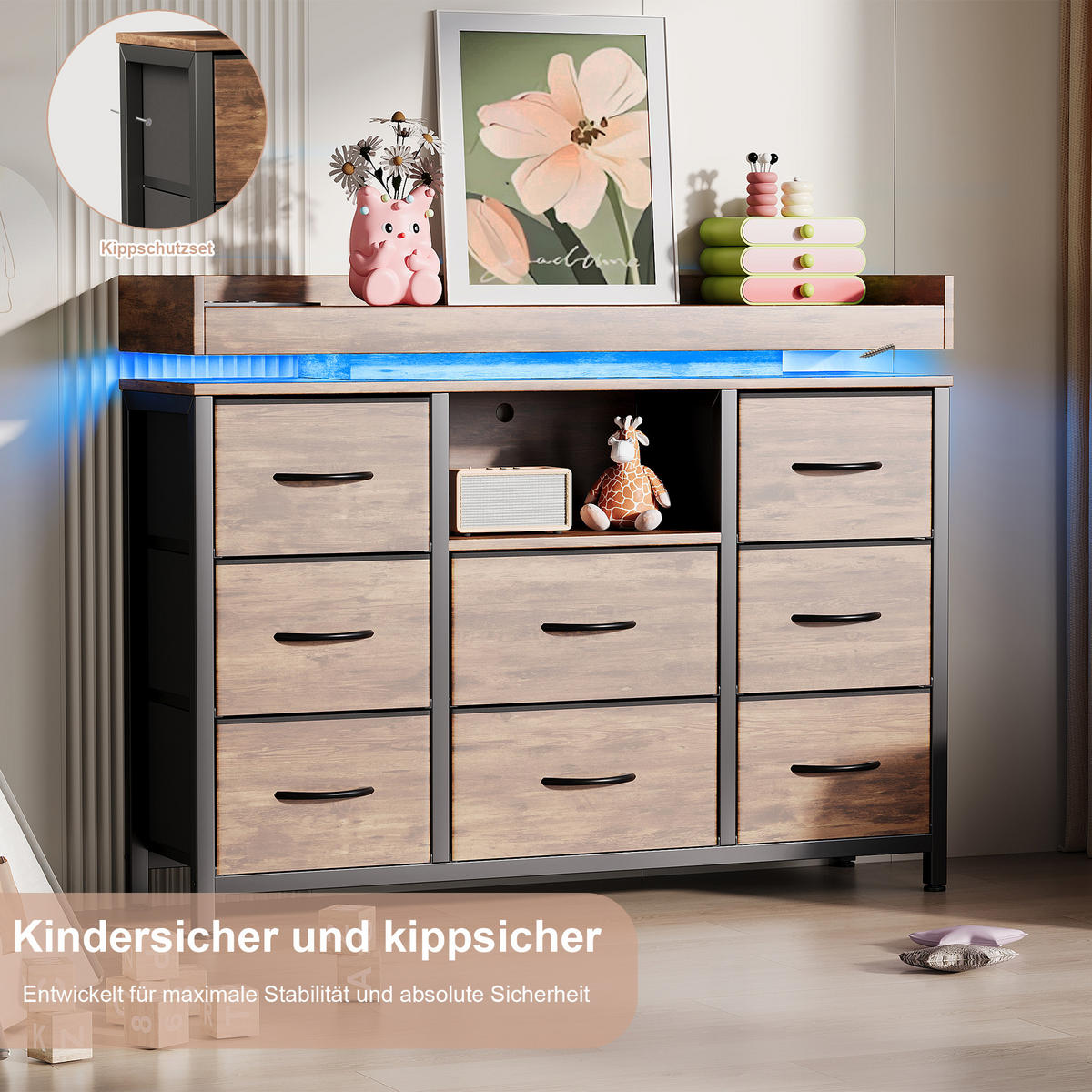 KOMMODE 8 Schubladen Holzoptik, RGB-LED, USB, Kippschutz - Multicolor, Holz (30/82/108cm) - SHOPENTRA