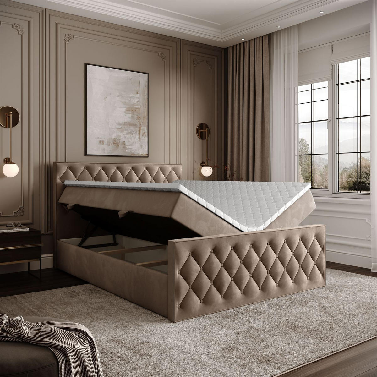 BOXBETT INEZ II mit Bettkasten mit Topper 140x200 cm Royal Velvet 176 - Beige, Textil - Lookway