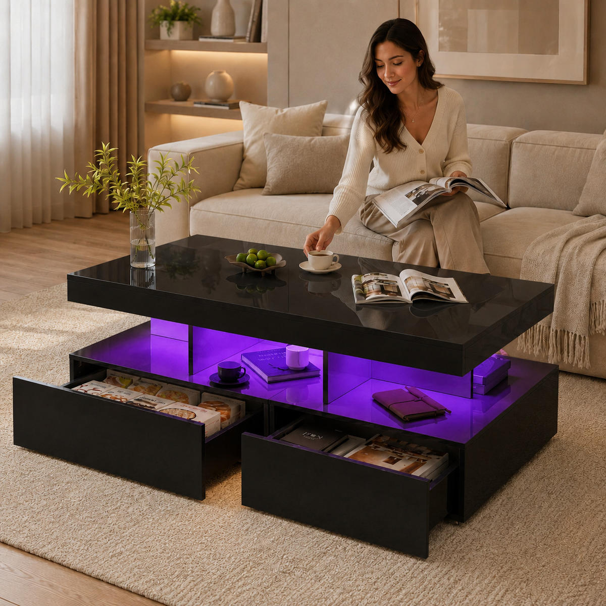 COUCHTISCH mit LED-Beleuchtung und Stauraum, elegantes Design - Schwarz, Holz (104/53/46cm) - Joyfair