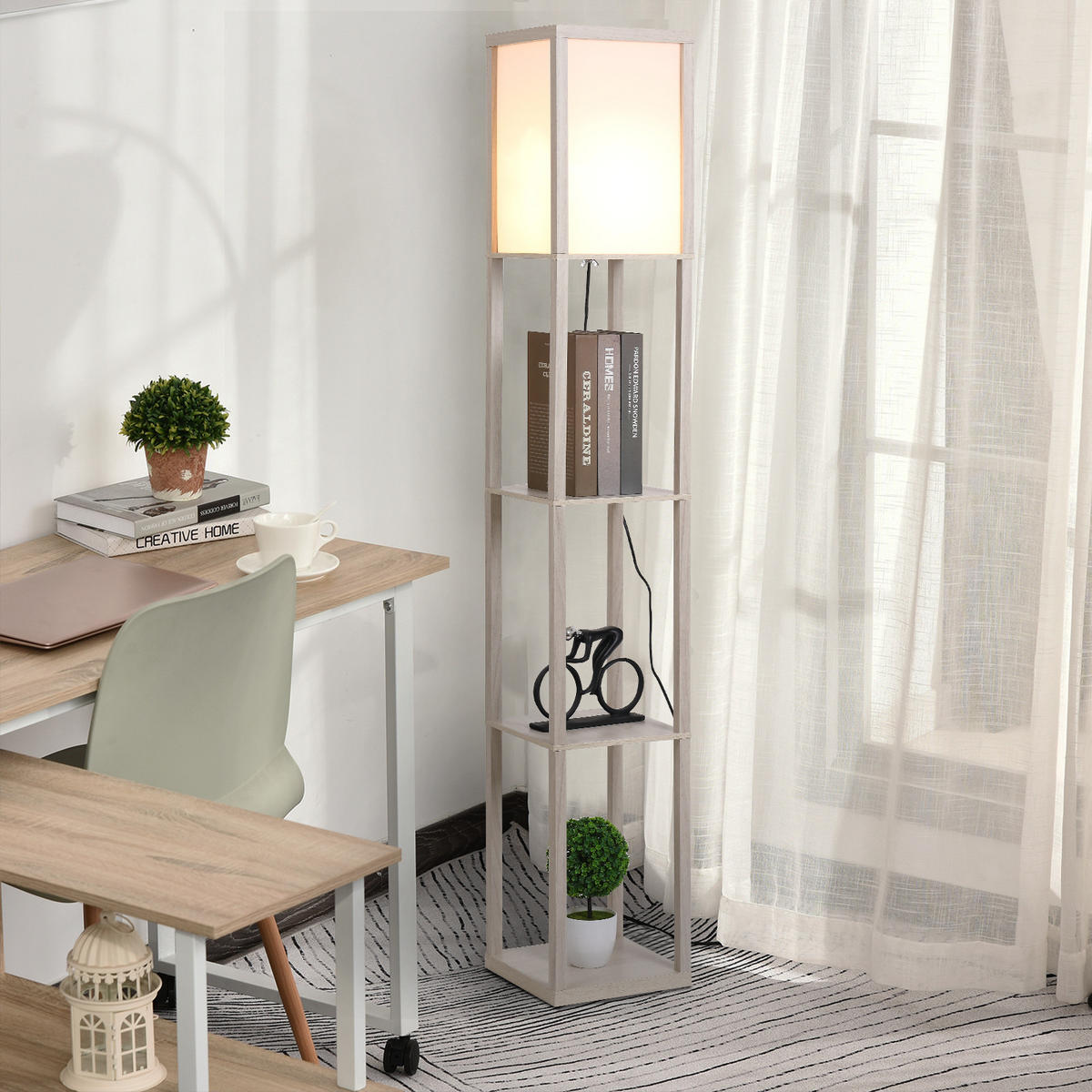 STEHLEUCHTE Beleuchtung mit 3 Regalen E27 bis 40W E1-MDF Eiche+Weiß - Eichefarben, Textil (26/26/160cm) - HOMCOM