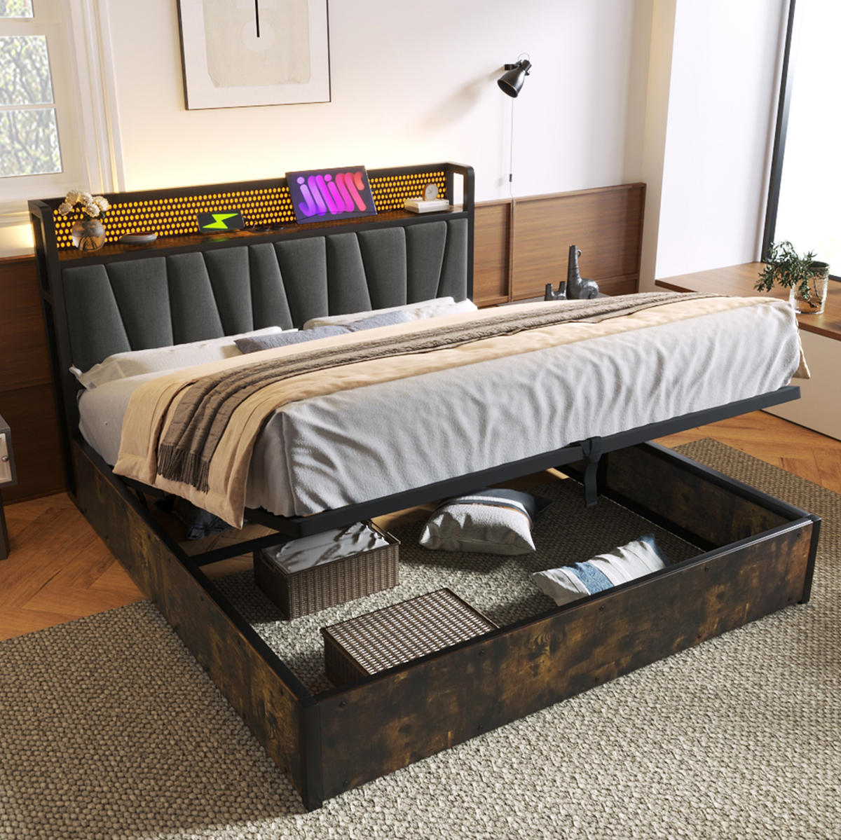 POLSTERBETT 160/200 cm mit Matratze, LED-Kopfteil, USB, Steckdosen und Bettkasten, Grau - Grau, Textil (160/200cm) - Redom