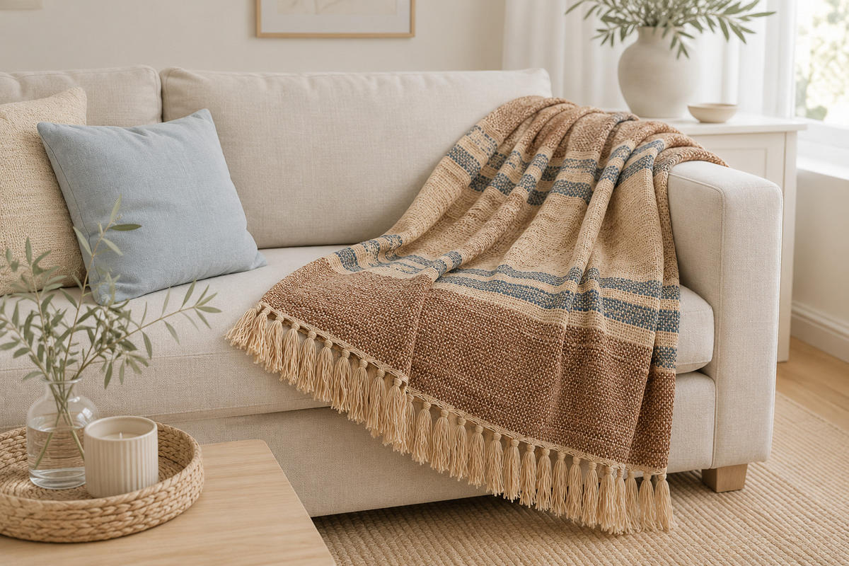 WOHNDECKE Baumwolle 130x170 cm Mit Fransen – Braun/Türkis - Beige, Naturmaterialien (130/170cm) - AU Maison