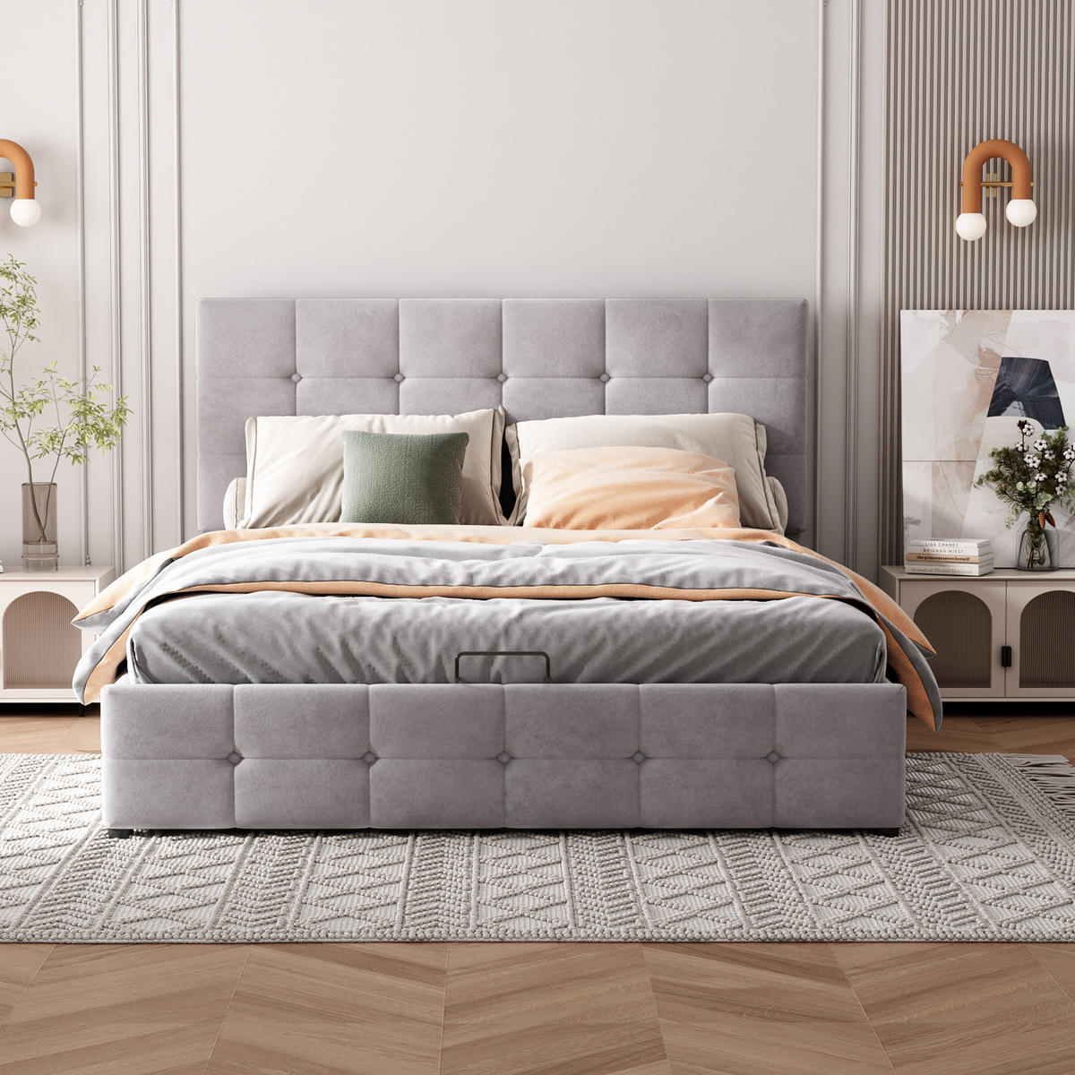 POLSTERBETT 140/200 cm grau mit hydraulischem Bettkasten und höhenverstellbarem Kopfteil - Grau, Textil (140/200cm) - OKWISH