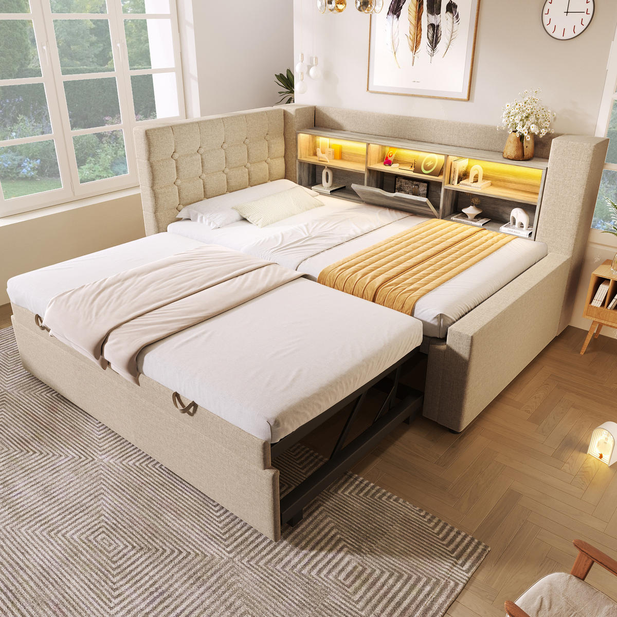 POLSTERBETT 90/200 cm & 90/190 cm in Beige mit Ausziehbett, LED, USB und Regal Leinen mit L-Kopfteil - Beige, Holzwerkstoff/Textil (90/200cm) - STILVORA