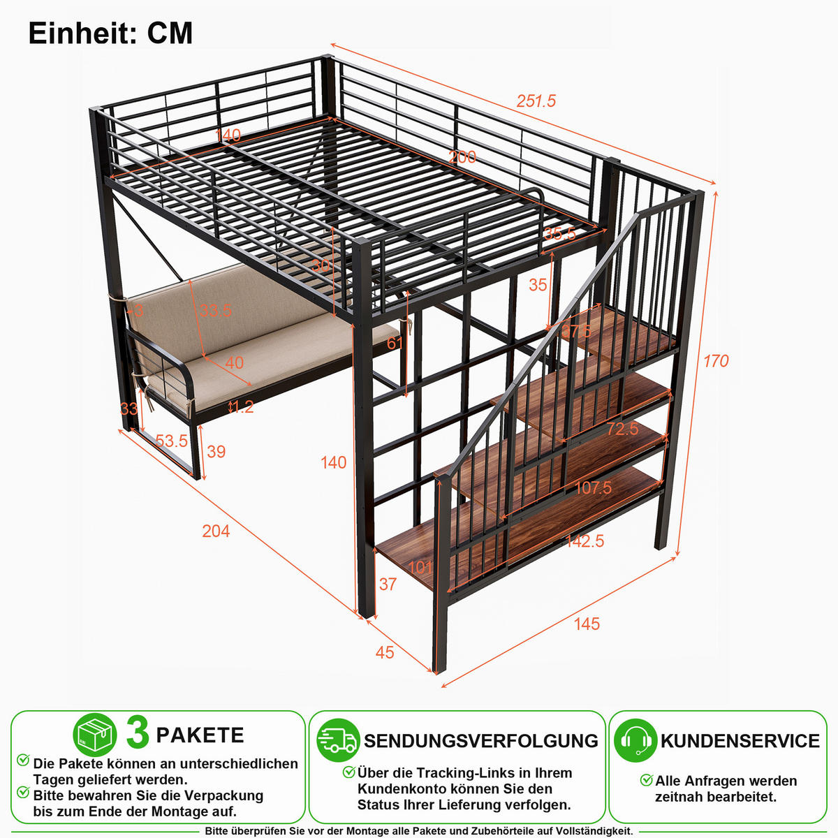 PATROVÁ POSTEL 140/200 cm v černé barvě s úložnými schody a odnímatelnou pohovkou - černá, kov/kompozitní dřevo (140/200cm) - CHICFURN