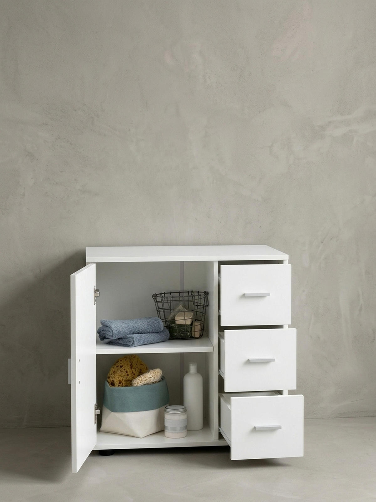 BADSCHRANK Weiß 60x65,5x33 cm mit großem Stauraum in matter Ausführung - Schwarz/Weiß, Holz (60/66/33cm) - KADIMA DESIGN