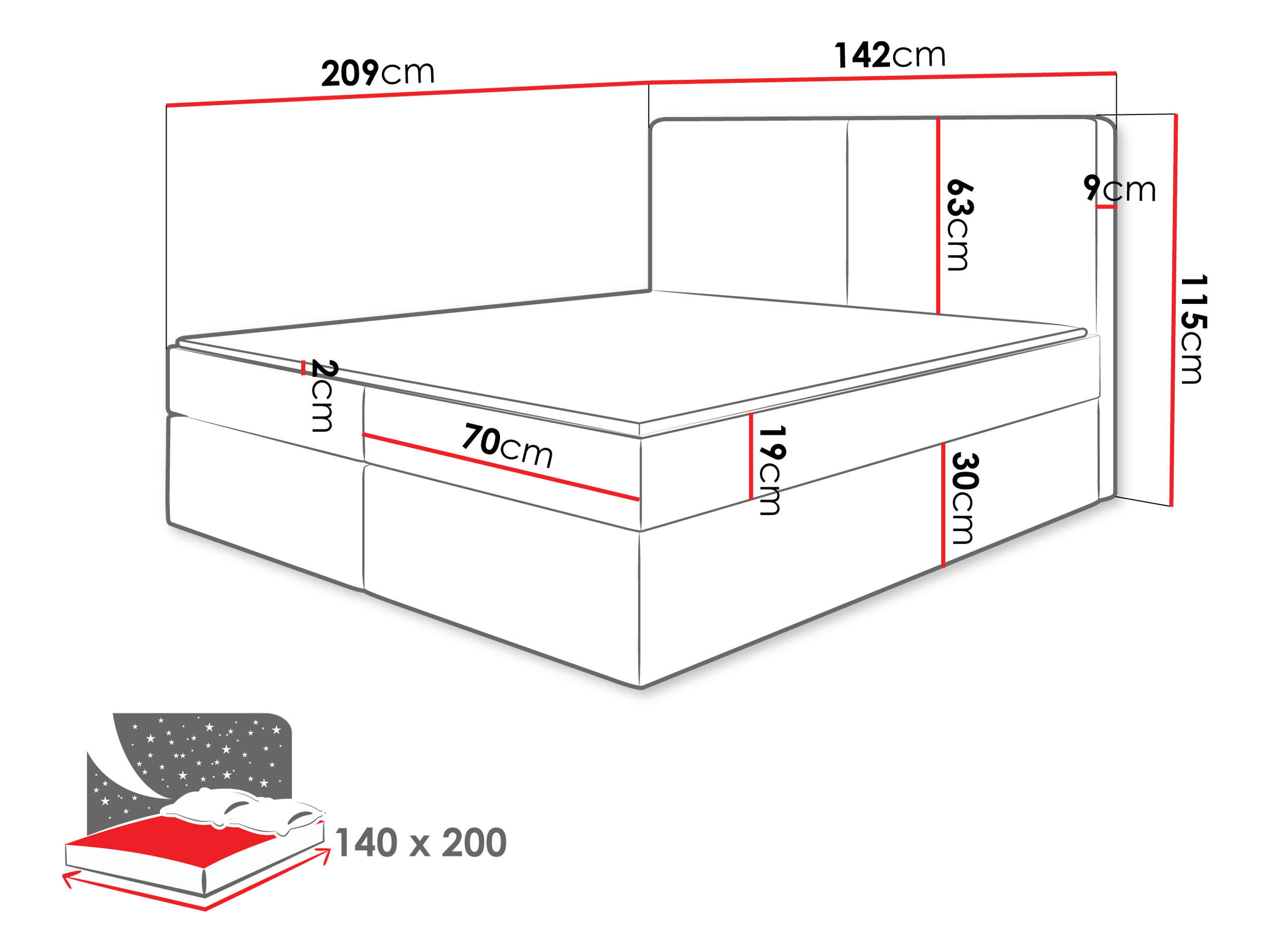 Thumbnail - Mirjan24 Boxbett, Blau, Textil, Kiefer, H3, Höhe ca. 19 cm, Rechteckig, 140x200 cm, Schlafzimmer, Betten, Boxspringbette...