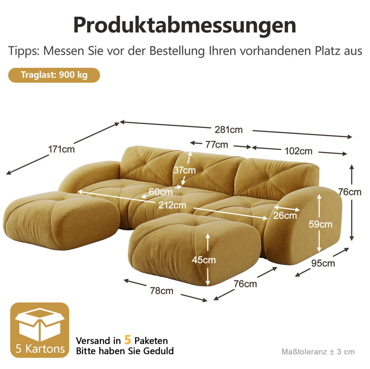 WOHNLANDSCHAFT in Gelb aus Chenille mit Hockern und rahmenlosem Design - Gelb, Textil (171/76/281cm) - Flora Grace