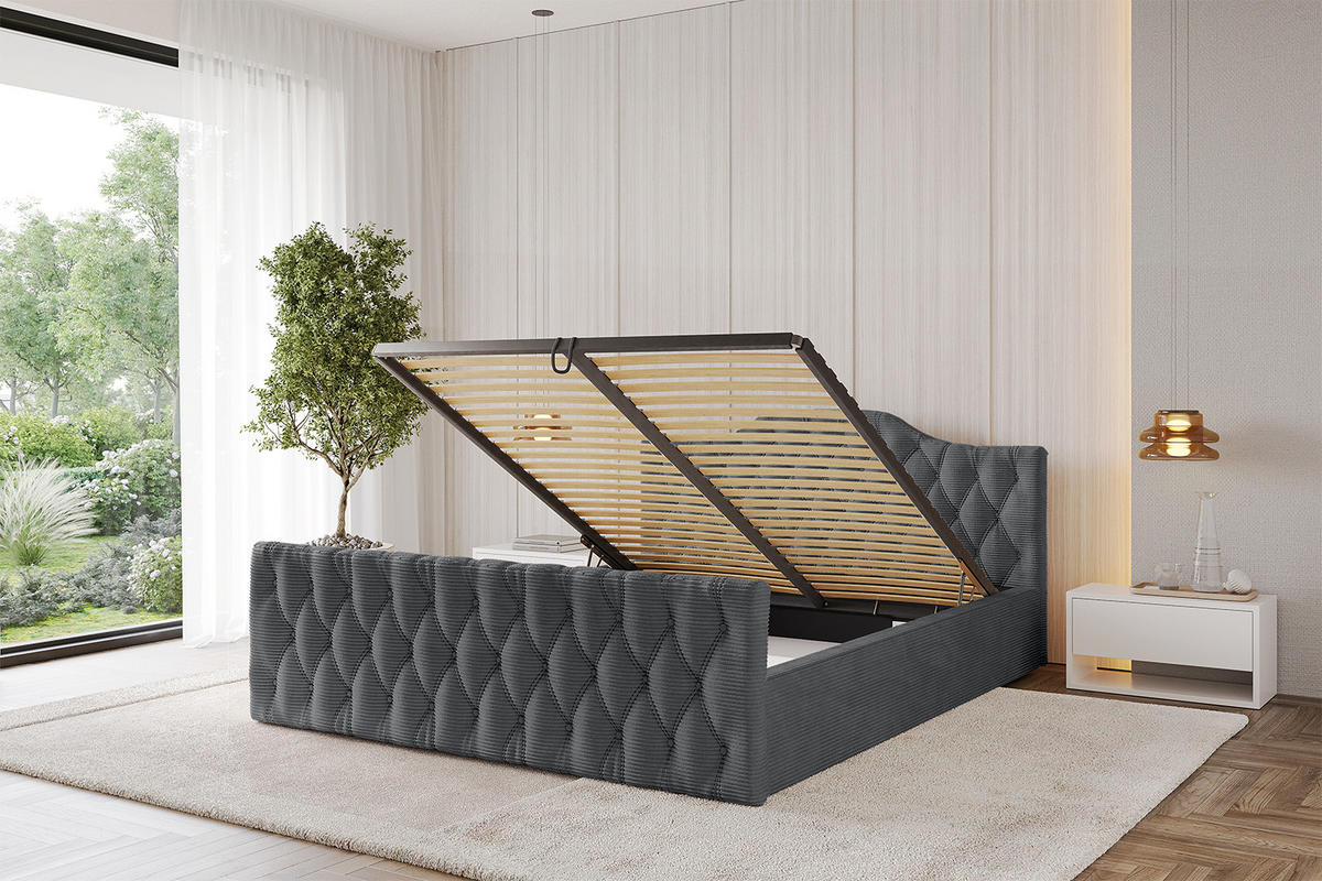 POLSTERBETT mit Bettkasten, Fußteil und Lattenrost, Boxbett mit Matratze H3/H4 - FALIO-Z-V1 180x200 Dunkelgrau - Anthrazit, Holzwerkstoff/Textil (180/200cm) - ALTDECOR