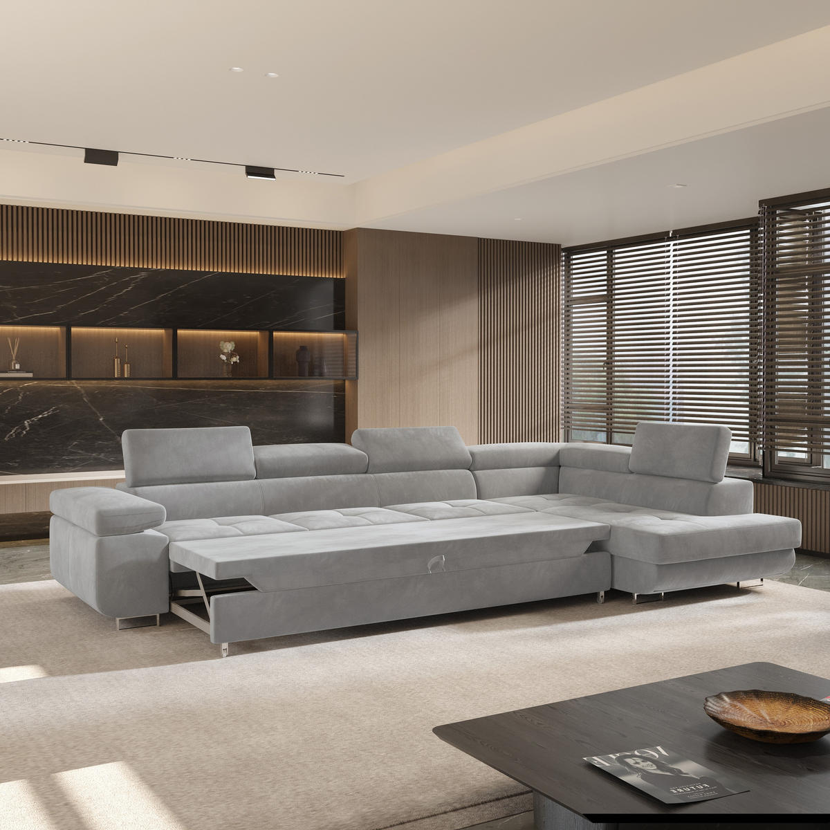 ECKSOFA VICENTE Hellgrau Velours-Stoff mit Schlaffunktion - Hellgrau, Holz (346/202cm) - MASSENO