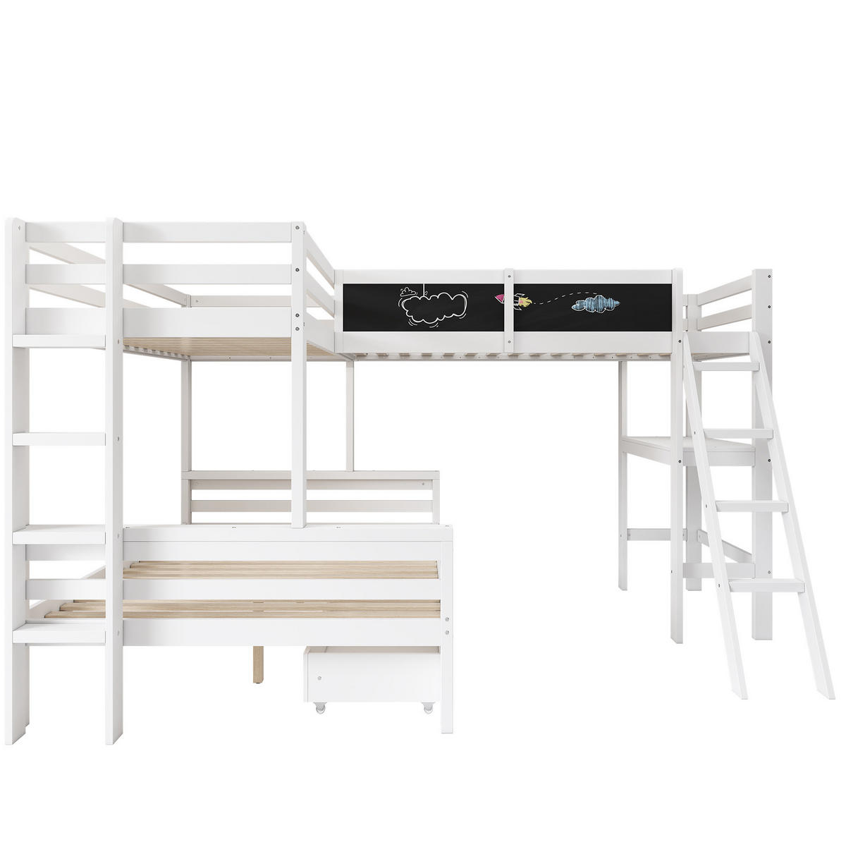 KINDERBETT aus Massivholz 140x200/90x200 cm in Weiß mit Schreibtisch - Weiß, Holz (90/200cm) - Modfu