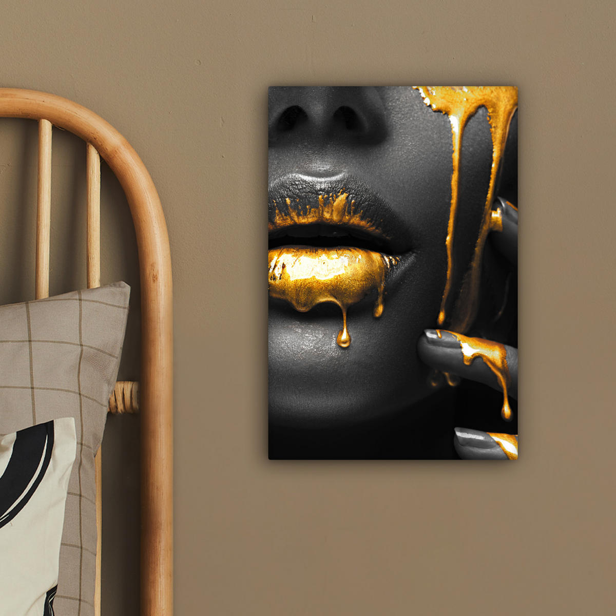 LEINWANDBILD Frau - Schwarz - Gold - Gesicht - Lippen 20x30 cm - Goldfarben, Textil (20/30cm) - MuchoWow