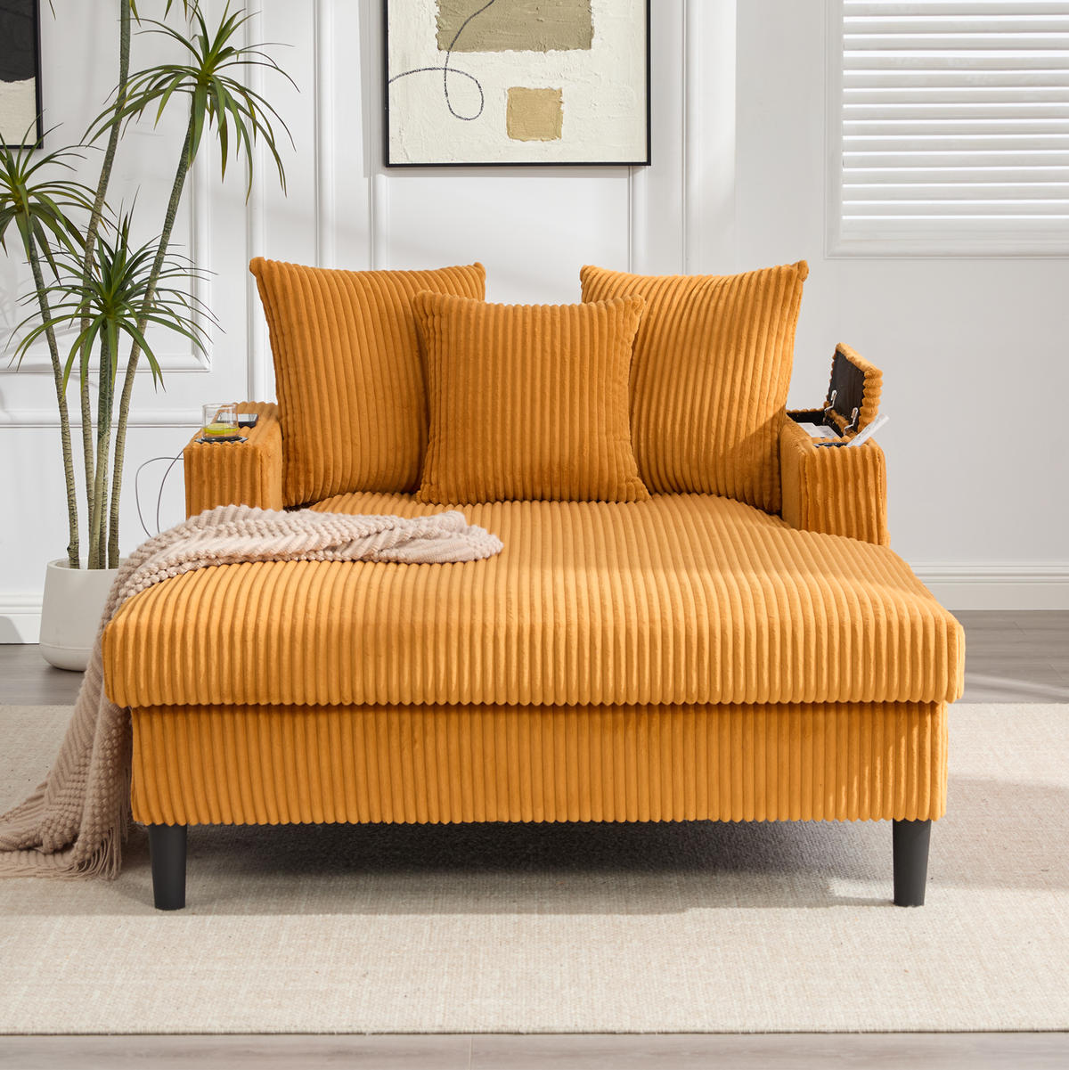 CHAISELONGUE mit USB und Stauraum 129 x 170 cm Cord Mustard Yellow - Gelb, Holz (170/70/129cm) - Meubliv