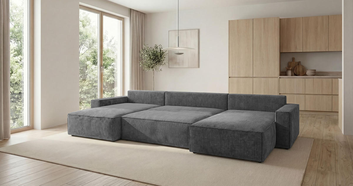 WOHNLANDSCHAFT VIENNA U-Form dunkelgrau Cord Poso 60 - Schlaffunktion, Bettkasten - Anthrazit, Textil (385/86/185cm) - Cornero