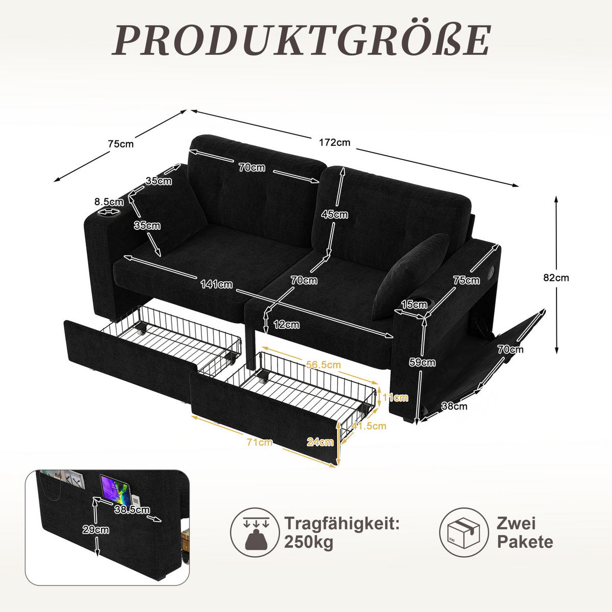 2-SITZER Sofa aus Chenille 172x75x82 cm in Schwarz mit USB & Stauraumschubladen - Schwarz, Textil (75/82/172cm) - Modfu