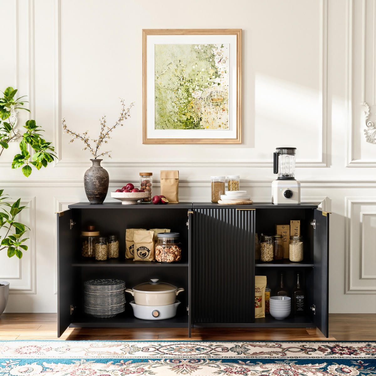 SIDEBOARD aus MDF 80x40x80 cm Schwarz mit 2 Türen und Faltenfront - Schwarz, Holzwerkstoff (80/80/40cm) - Modfu