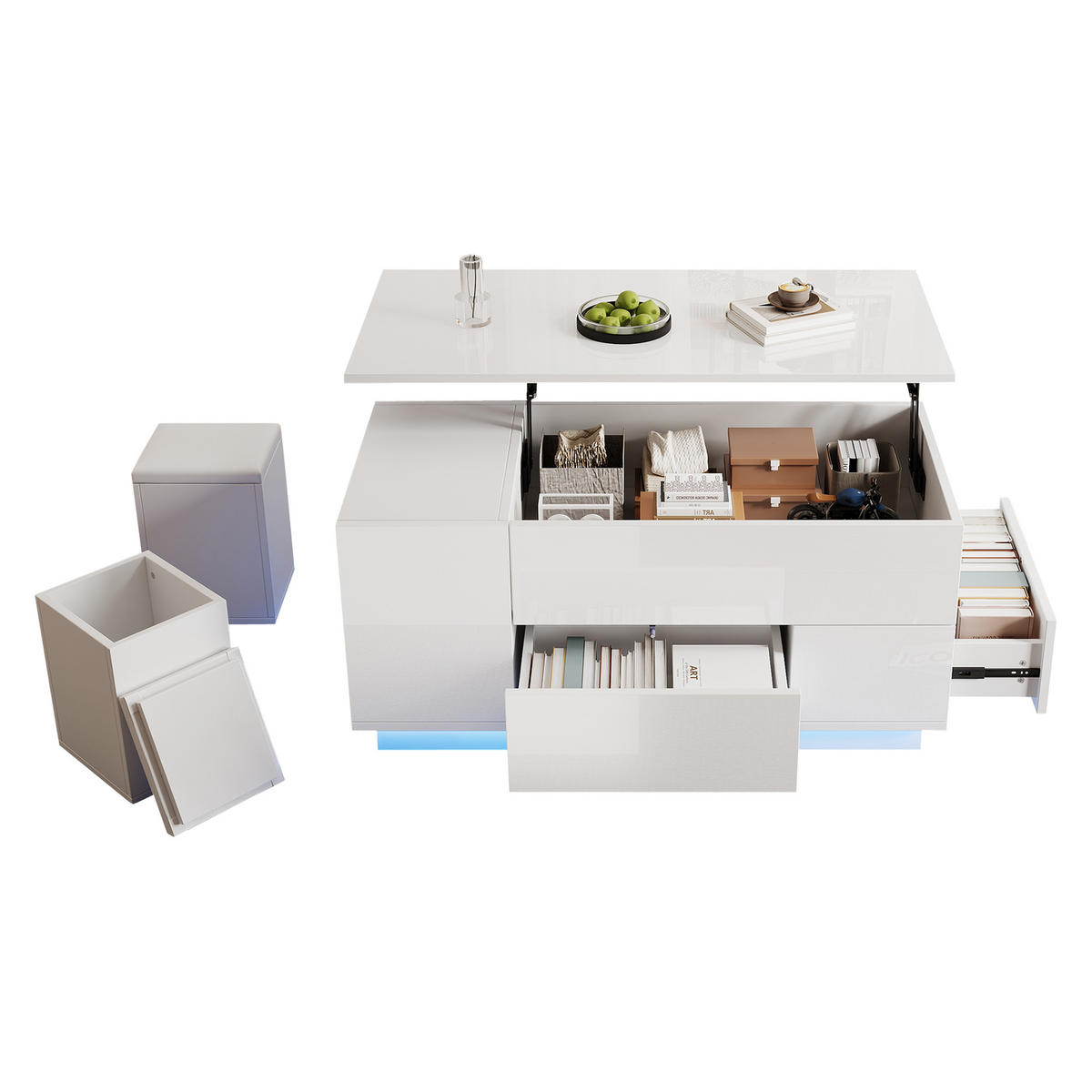 COUCHTISCH Weißer Hochglanz mit hydraulischer Hubfunktion, App-gesteuerter LED, Stauraum und zwei Ablagehockern 100 × 50 × 45 cm - Weiß, Holzwerkstoff (50/100/40cm) - Luhomfu