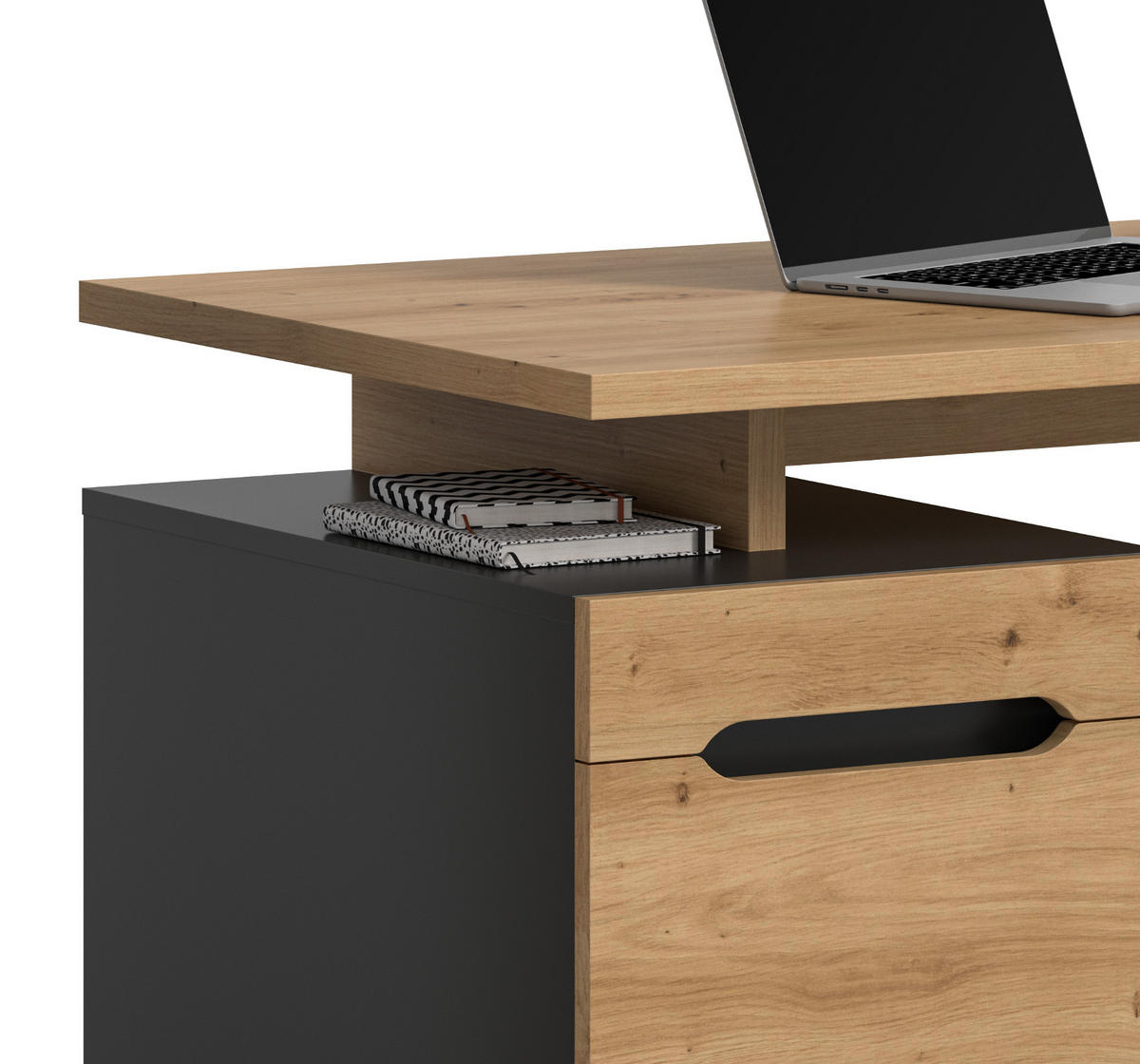 SCHREIBTISCH Eiche Artisan, Grau 138 cm, Container mit Soft-Close - Schwarz/Eiche Artisan, Holzwerkstoff/Kunststoff (60/138/75cm) - Inn.Furn