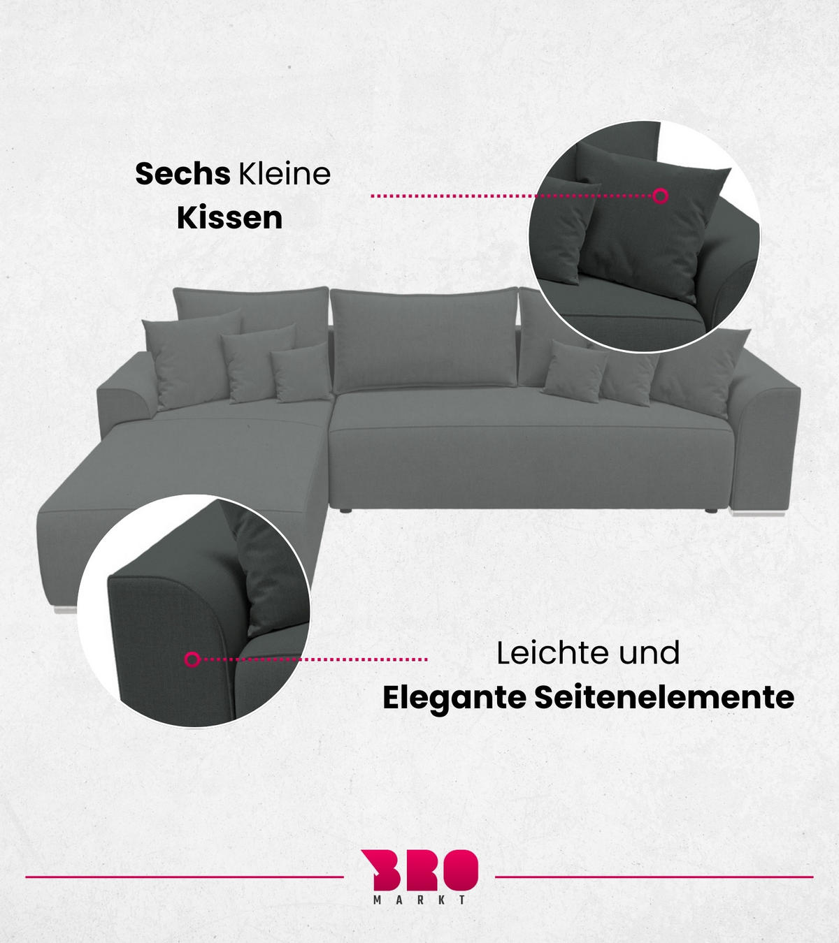 ECKSOFA Sydney mit Schlaffunktion Graphitfarben Leinenoptik - Graphitfarben, Textil (280/184cm) - Bromarkt