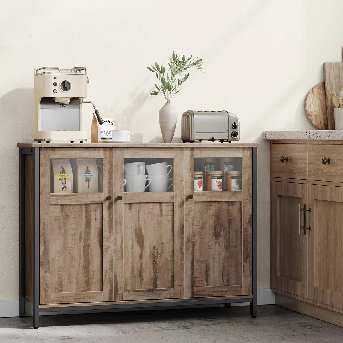SIDEBOARD 100/75/35 cm Glastüren Stahlrahmen - Braun, Holz (100/75/35cm) - Kaket