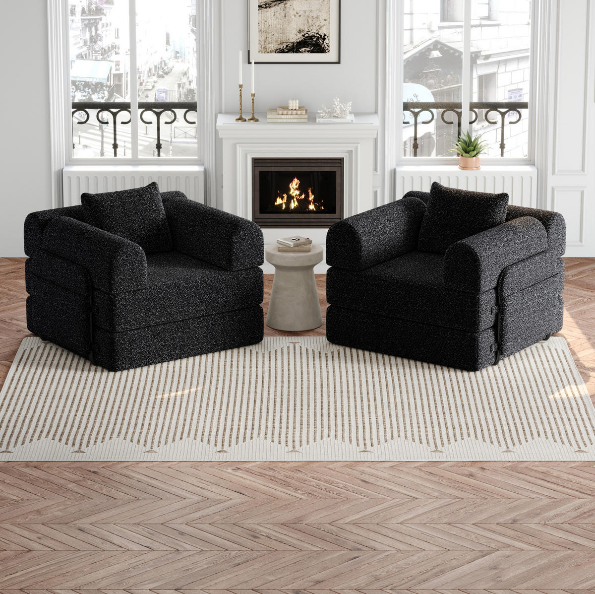 SCHLAFSOFA aus Chenille Schwarz 2-in-1 mit Armlehnen-Ablagefach und flexibler Modulnutzung - Schwarz, Textil (91.4/69.8/183.8cm) - Modfu