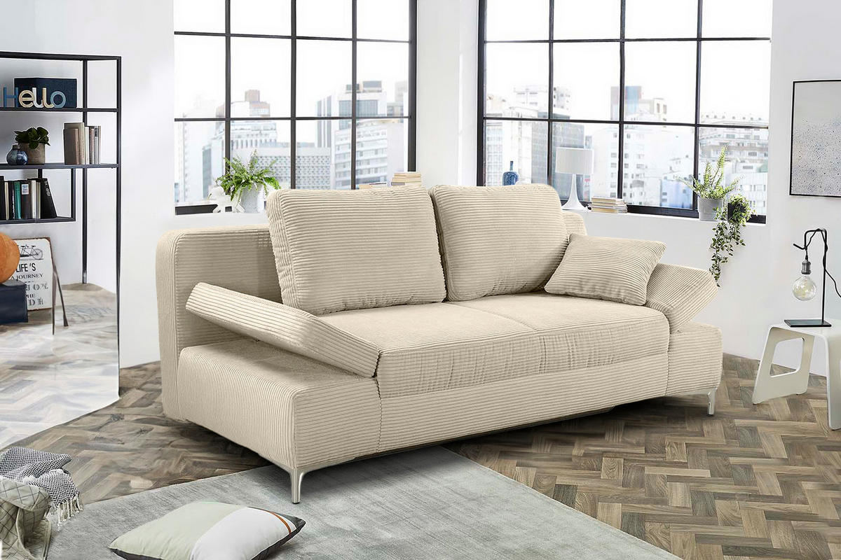 SCHLAFSOFA mit Bettkasten, Federkern, Armlehnen verstellbar B202/T103/H89 cm, Liegefläche 144x198 cm, Cord Beige Grau / 15203 - Chromfarben/Greige, Textil/Metall (202/89/103cm) - luma-home