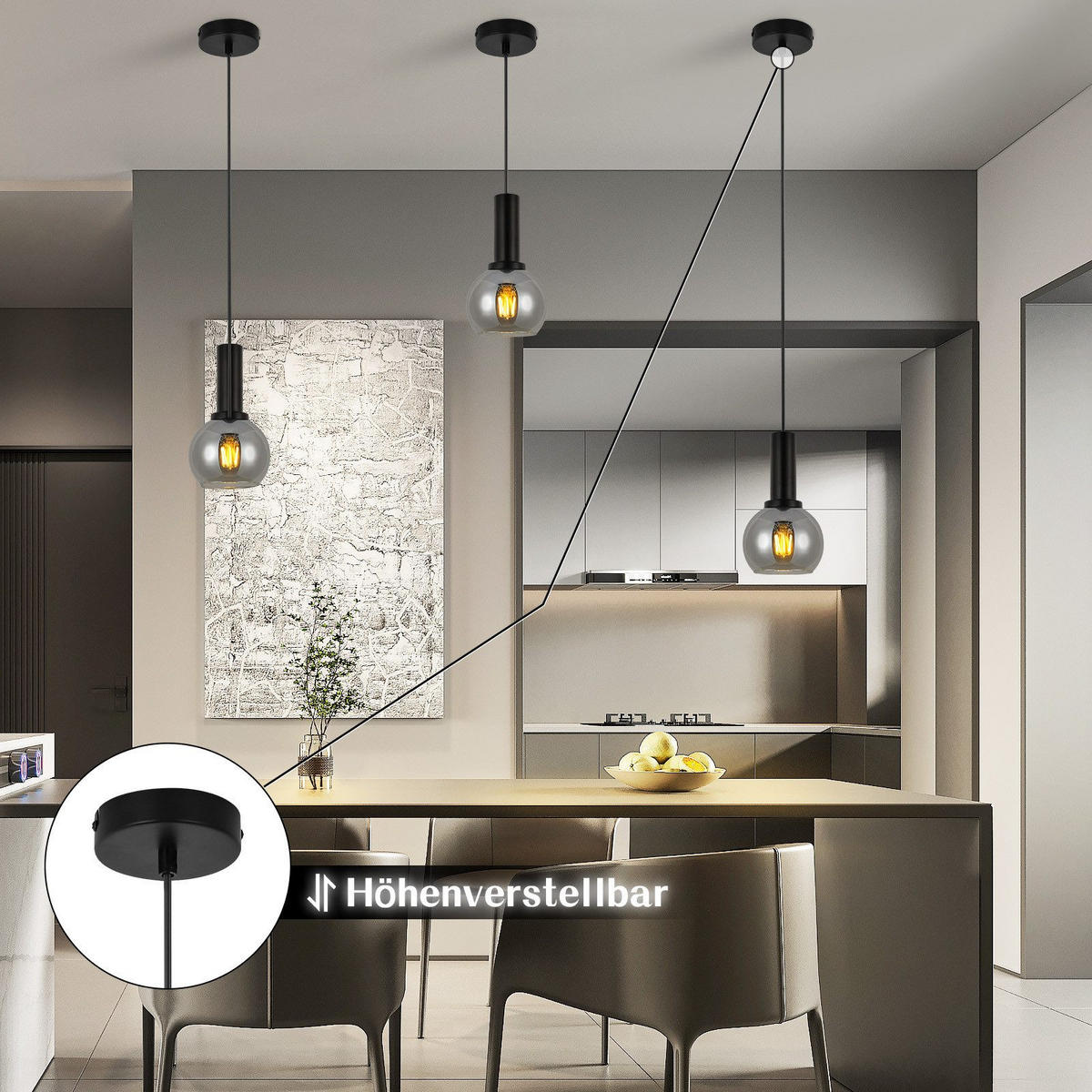 HÄNGELEUCHTE Torvq 10/13/145 cm - Schwarz, Metall (10/13/145cm) - ZMH