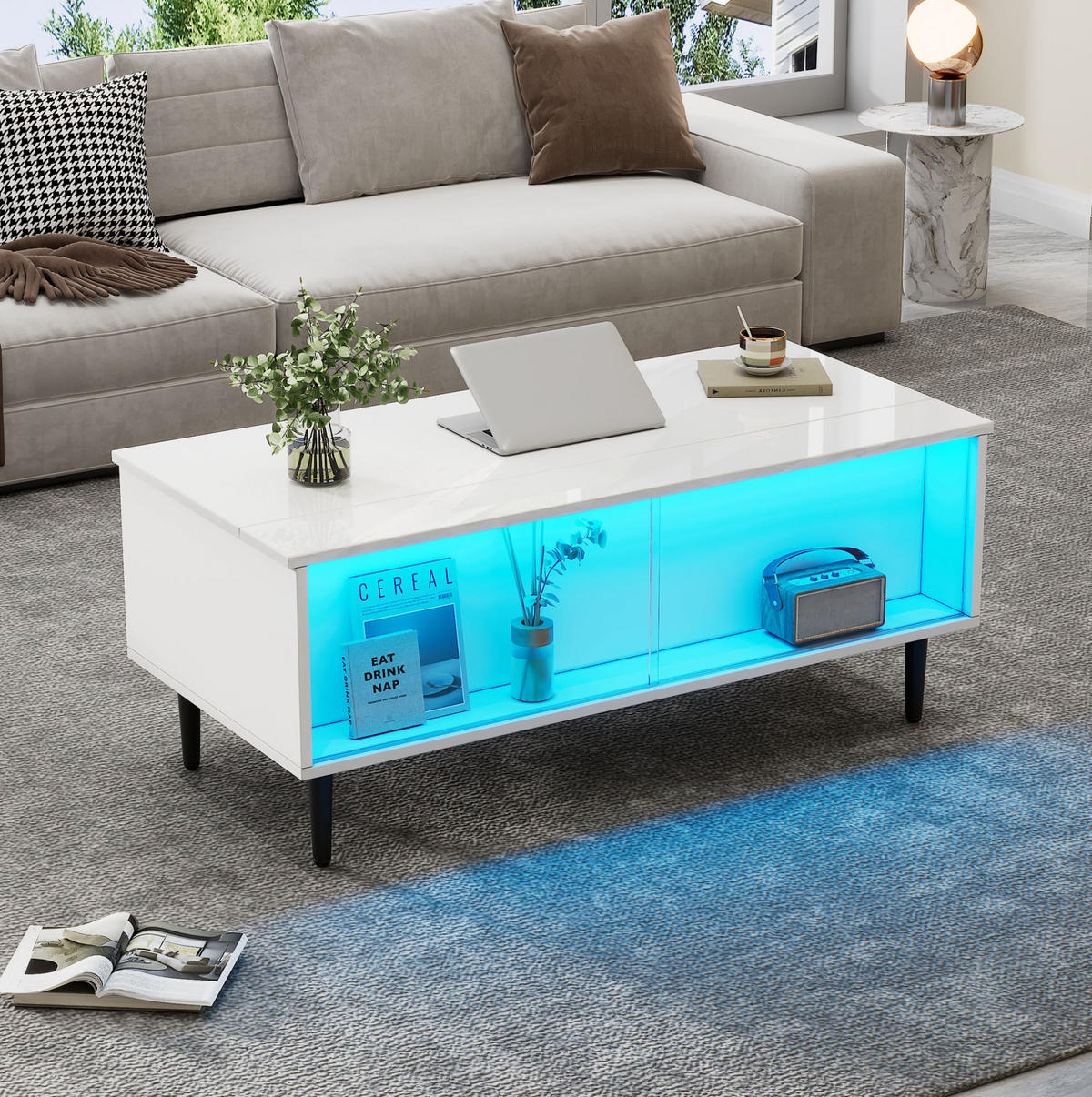 COUCHTISCH 105/50/43 cm weiß aus Spanplatte und gehärtetem Glas mit Höhenverstellung und LED-Licht - Weiß, Holzwerkstoff (105/50/43cm) - OKMYHOME