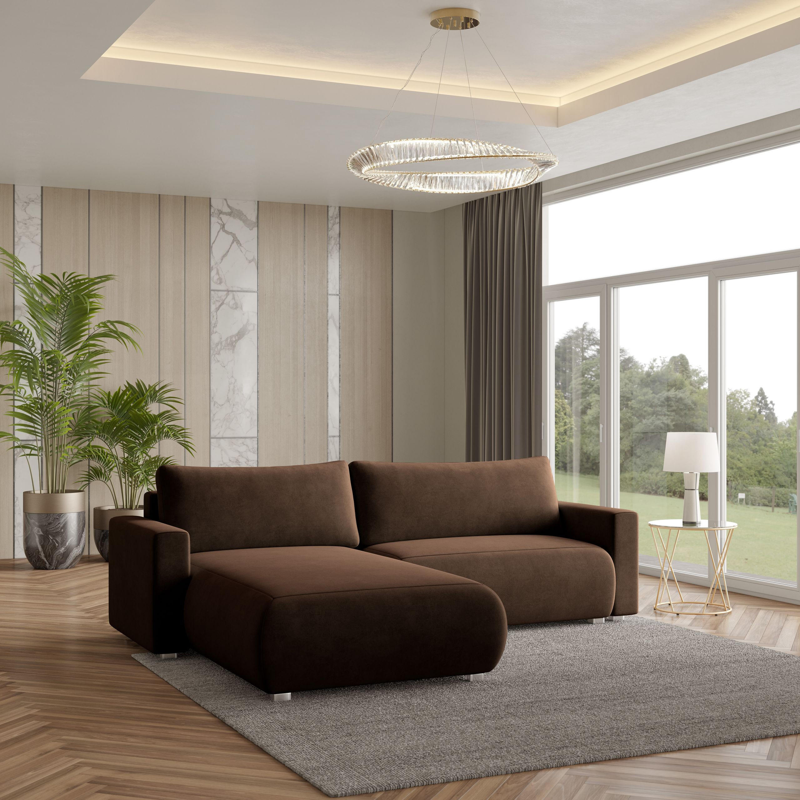 ECKSOFA TURIN M Braun Velours-Stoff mit Schlaffunktion - Braun, Holz (265/183cm) - MASSENO