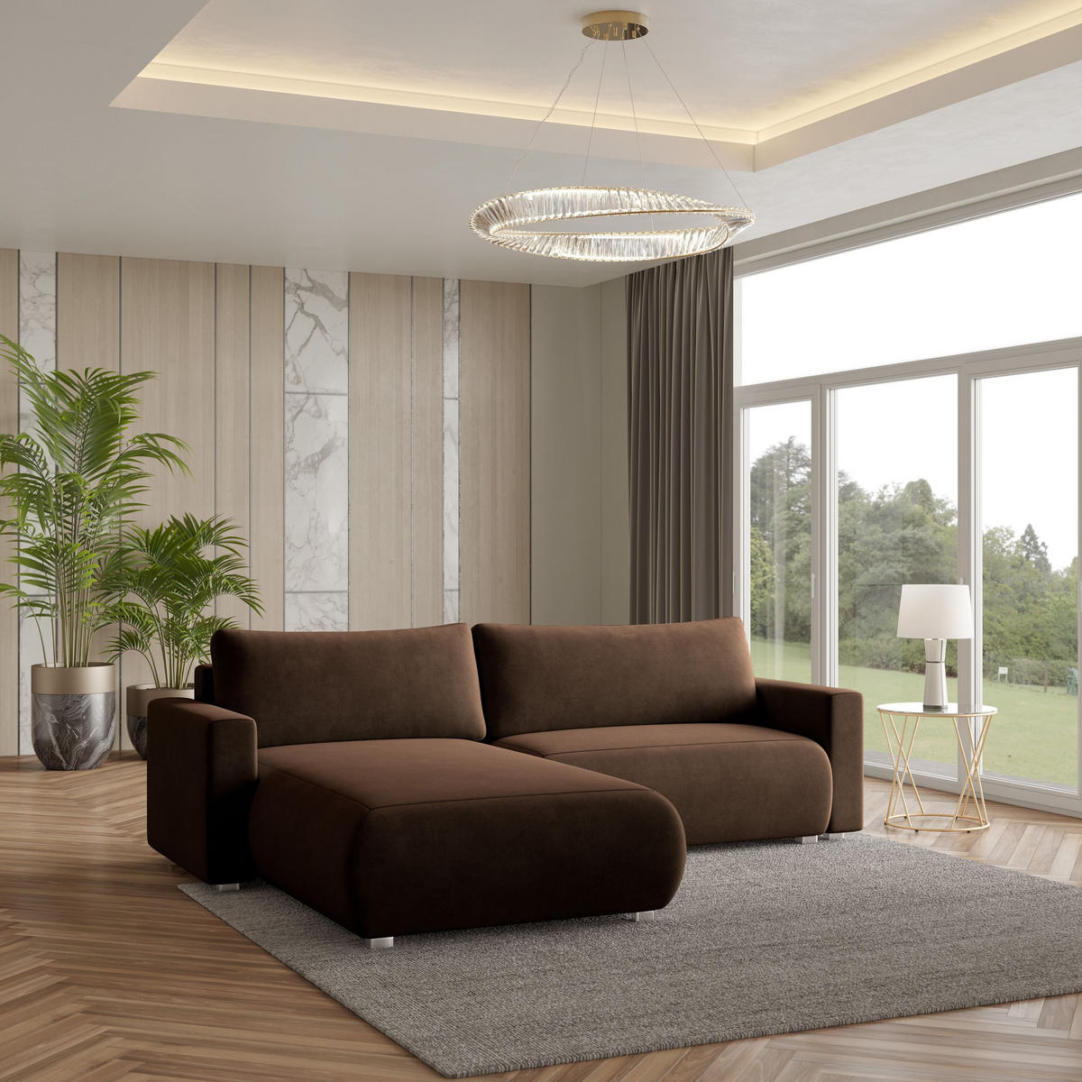 ECKSOFA TURIN M Braun Velours-Stoff mit Schlaffunktion - Braun, Holz (265/183cm) - MASSENO