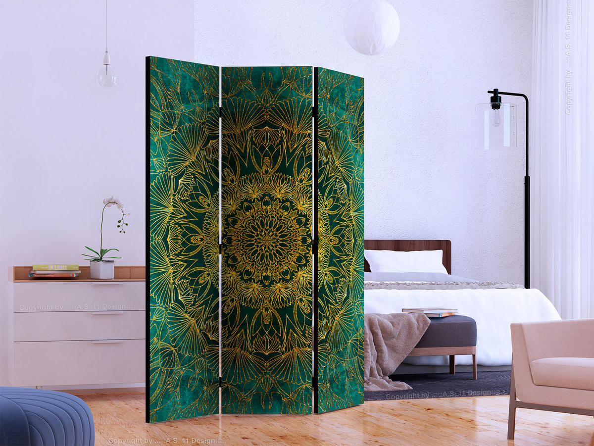 PARAVENT Akustik 3-tlg 135x172 cm Goldene Mandala Abstraktion - Grün, Holz/Textil (135/172/3cm) - Muralo