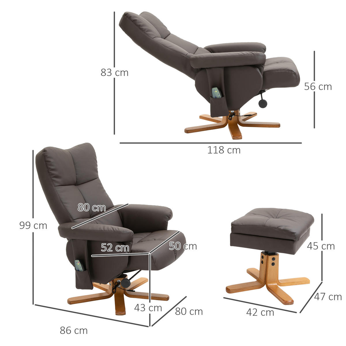 RELAXSESSEL mit Liegefunktion Massagesessel mit Fußhocker Polyester Braun - Braun/Mokka, Leder/Holz (86/99/80cm) - HOMCOM