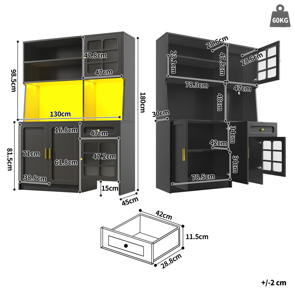 BUFFET 130/180/45 cm Schwarz aus MDF mit LED-Beleuchtung - Schwarz, Holzwerkstoff (45/180/130cm) - OKMYHOME
