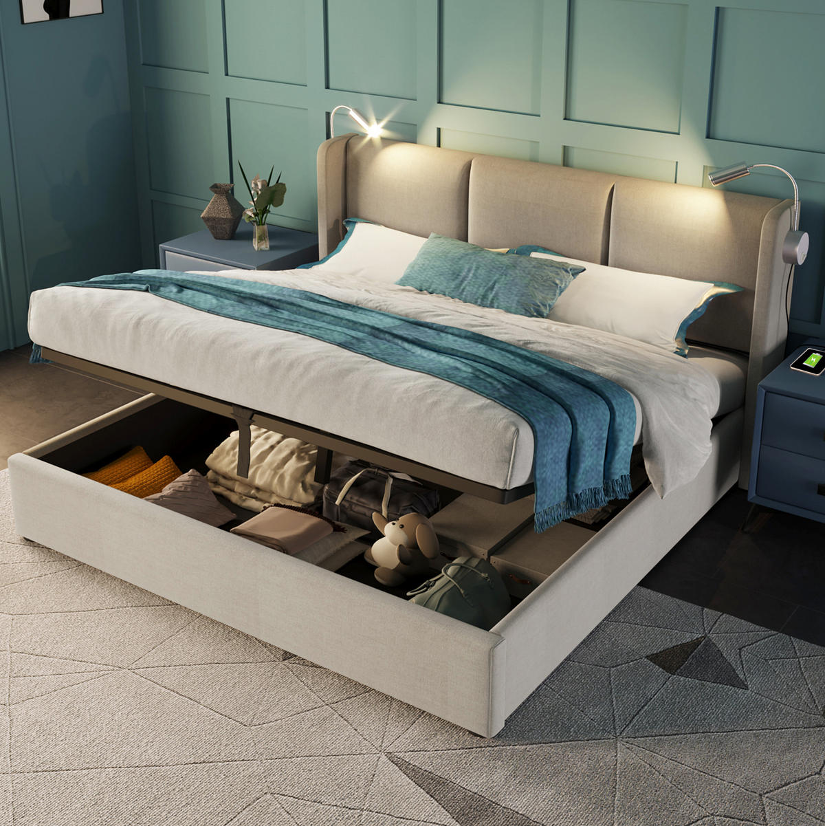 POLSTERBETT mit Bettkasten 160x200 cm Leinen Beige - Beige, Metall (160/200cm) - Meubliv