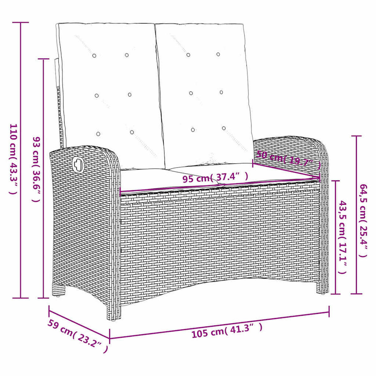 GARTENBANK Verstellbar Mit Kissen Schwarz Poly Rattan - Schwarz, Kunststoff (105/93/59cm) - vidaXL