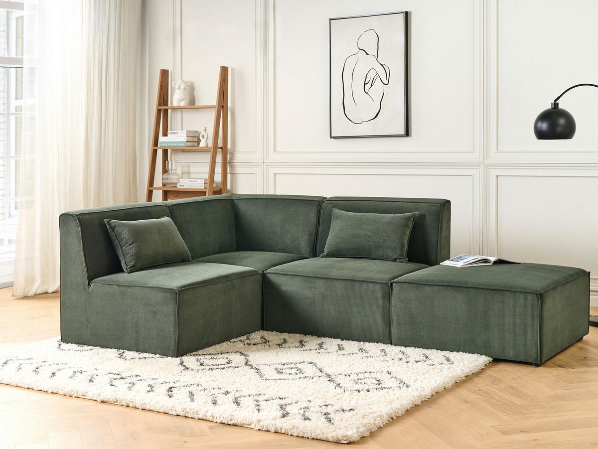 3-SITZER-ECKSOFA Cord dunkelgrün linksseitig mit Ottomane Lemvig - Grün, Textil (250/166cm) - Beliani