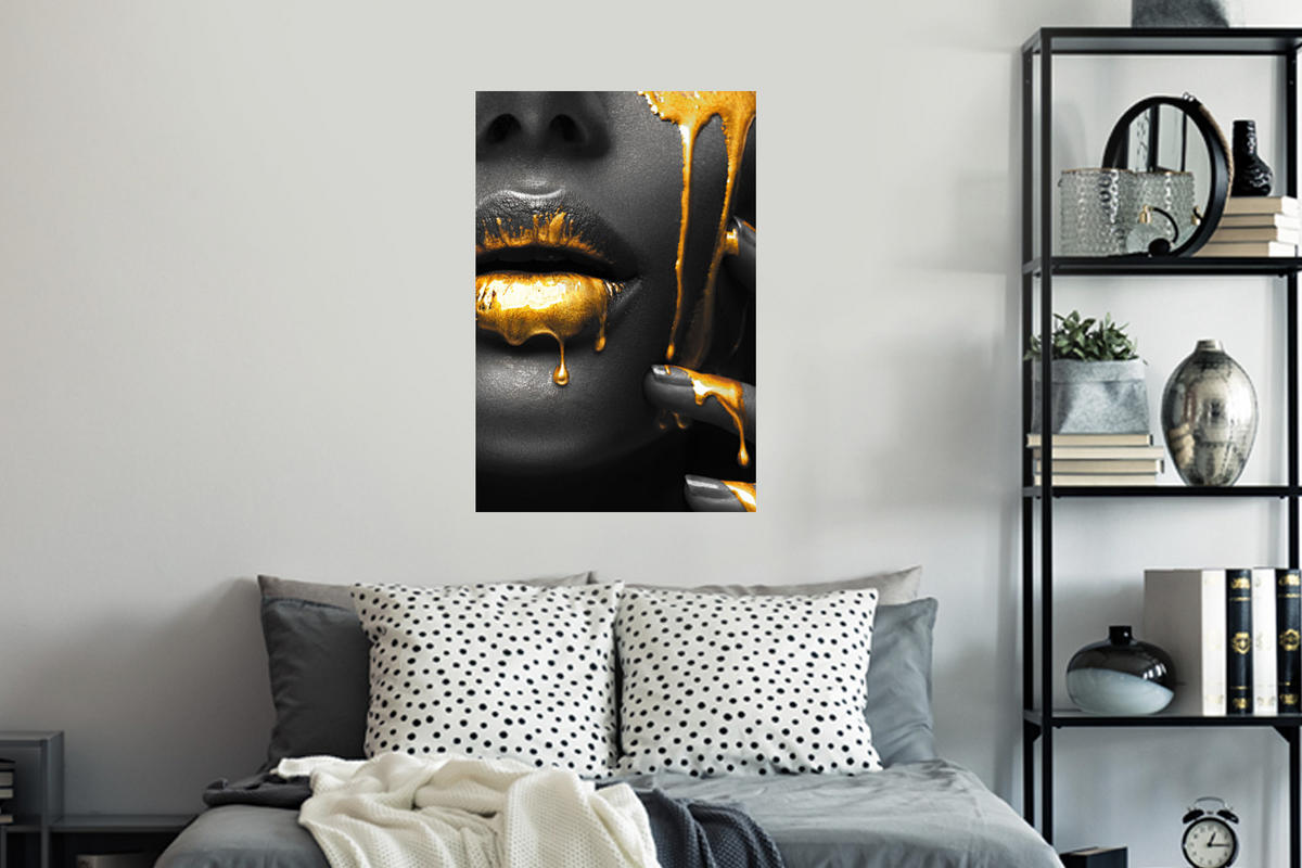 WANDTATTOO Frau - Schwarz - Gold - Gesicht - Lippen 40x60 cm - Goldfarben, Kunststoff (40/60/0.1cm) - MuchoWow
