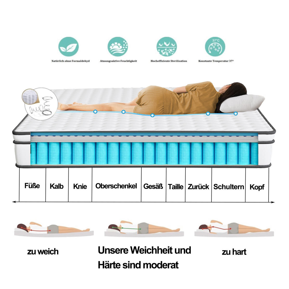 TASCHENFEDERKERNMATRATZE 90x200x25cm Modell "AeroSleep" 7-Zonen Hybrid-System mit 3D-Belüftung – Weiß/Grau - Weiß, Textil (90/200cm) - DELFA