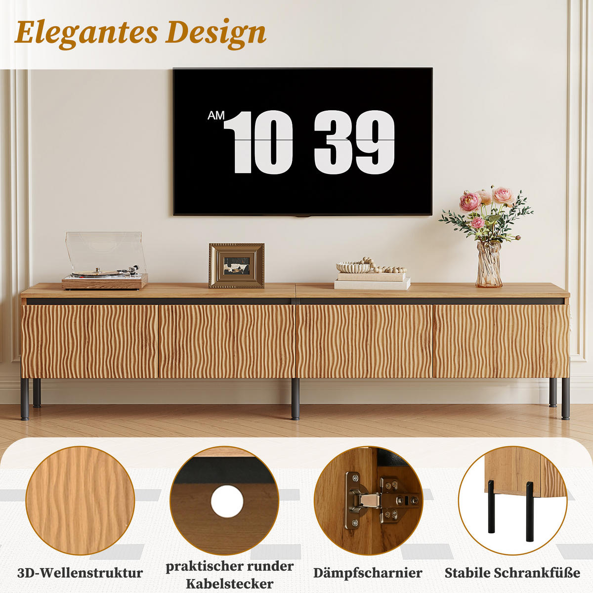 TV-LOWBOARD 4 Türen Wellen Design Stauraum Metallfüße Modern - Naturfarben, Holzwerkstoff (180/43/35cm) - FLIEKS