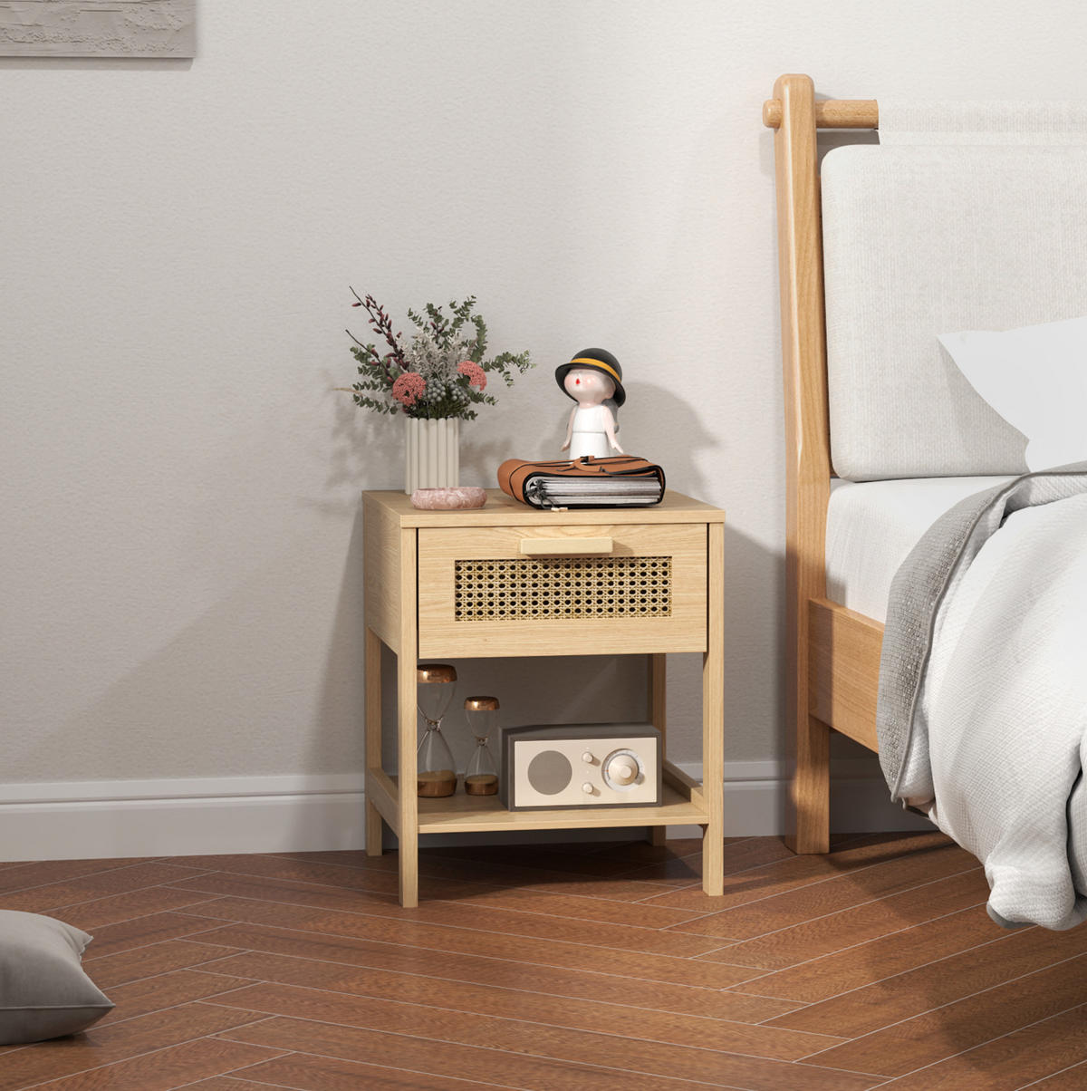 NACHTTISCH 40/40/48,4 cm in Natur mit Schublade und Rattan-Front - Hellbraun, Holz (40/48.4/40cm) - Flora Grace