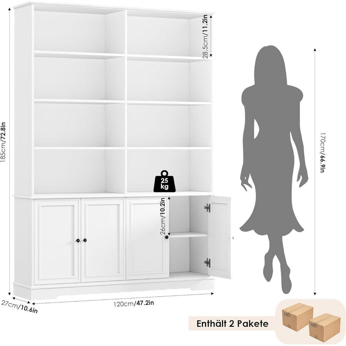 BÜCHERREGAL mit Türen Weiß 185 x 27 x 120 cm - Weiß, Holzwerkstoff (120/185/27cm)