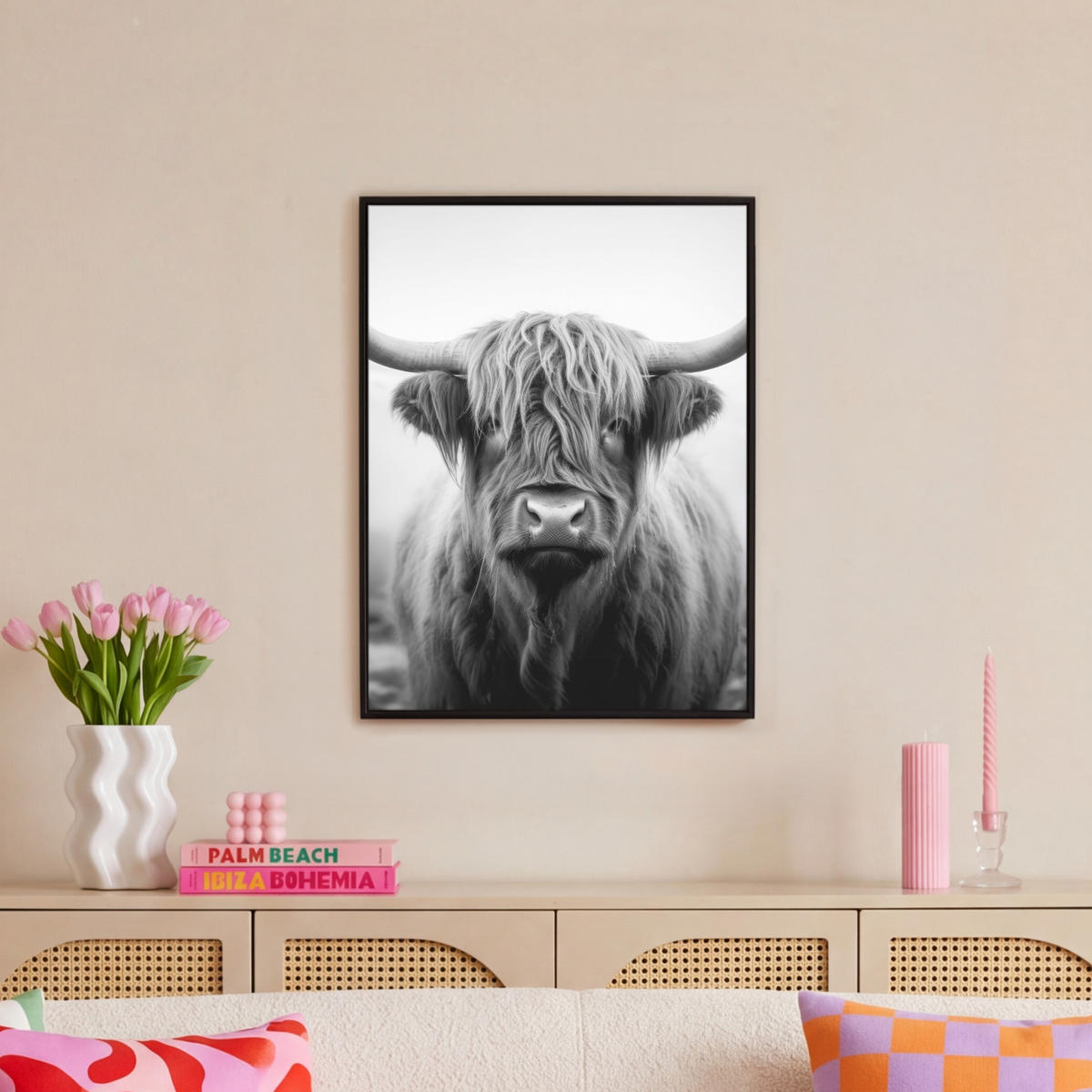 LEINWAND Bilder mit Rahmen - Schottischer Highlander - Nebel - Schwarz - Weiß - 50x70 - Grau, Textil (50/70cm) - MuchoWow