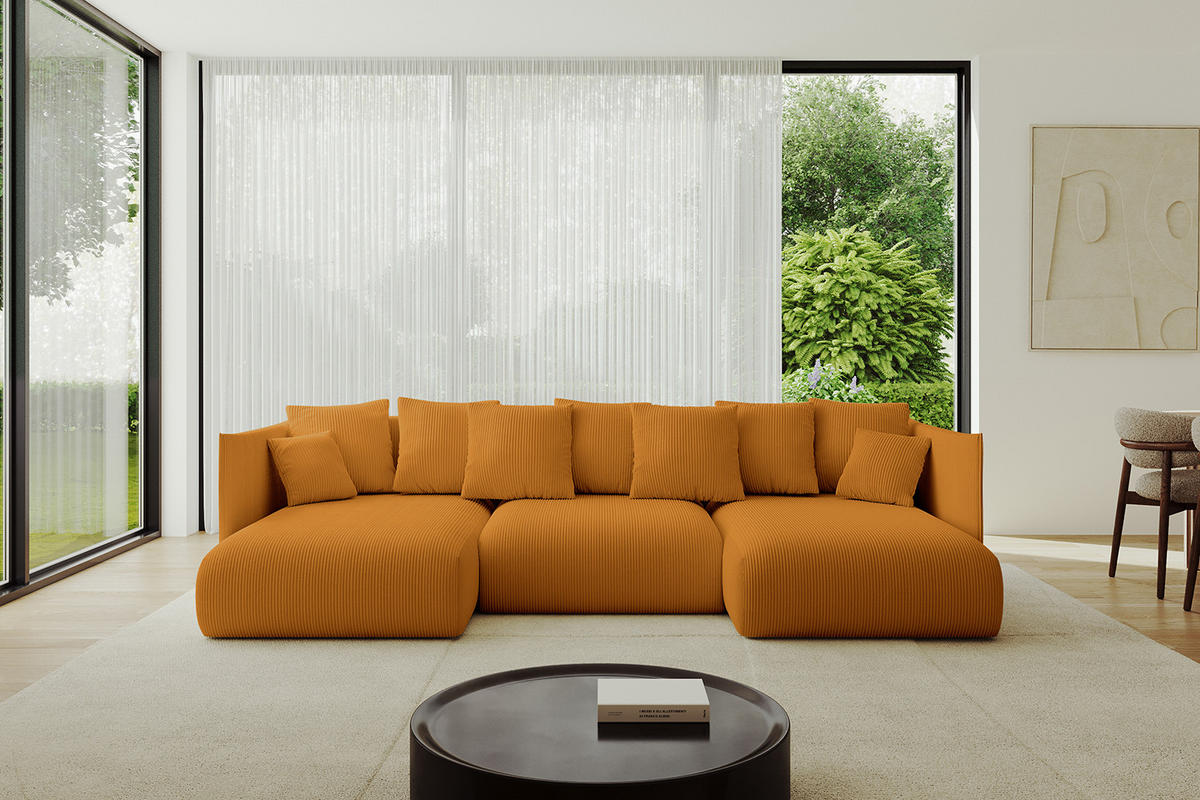 WOHNLANDSCHAFT mit Schlaffunktion und Bettkasten ONESK-U 304x165x40 Senfgelb Cord - Currygelb, Holzwerkstoff/Kunststoff (304/90/165cm) - ALTDECOR