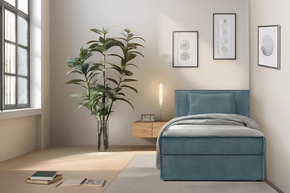 BOXSPRINGBETT ROTI Einzelbett, blau - Blau/Schwarz, Holz/Holzwerkstoff (90/200cm) - KONSIMO®