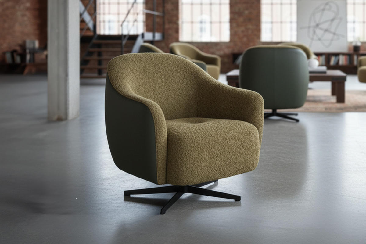 DREHSESSEL BRITTO Grün Kunstleder, Bouclé Drehbar (360°) - Schwarz/Grün, Textil/Metall (81/85/83cm) - KAWOLA