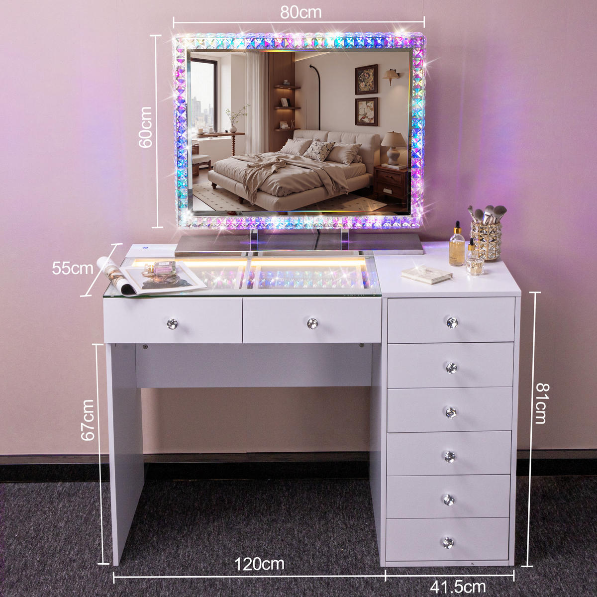 SCHMINKTISCH mit 8 Schubladen 120/55/81 CM und LED Beleuchtung Lichtleiste rundum mit Strasssteinen besetzt weiß 80/60 cm - Weiß, Holz (55/81/120cm) - VANITII