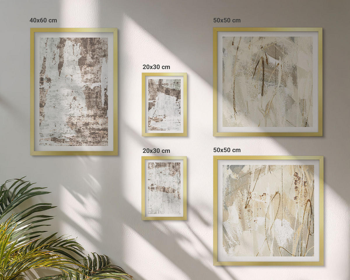 WANDBILDER 5er Set - 50x50 cm & 20x30 cm & 40x60 cm Goldrahmen - Abstrakte Muster, weiß, braun - Goldfarben, Kunststoff (40/60cm) - ArtPrintCave